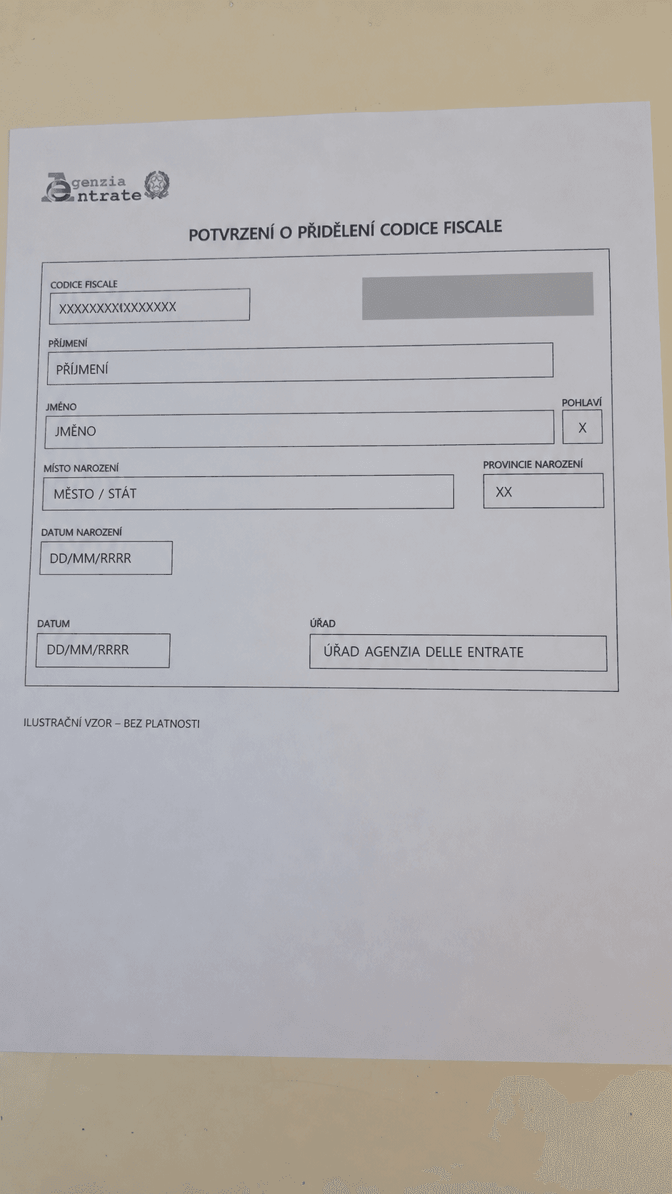 Ilustrační potvrzení o přidělení codice fiscale bez skutečných osobních údajů
